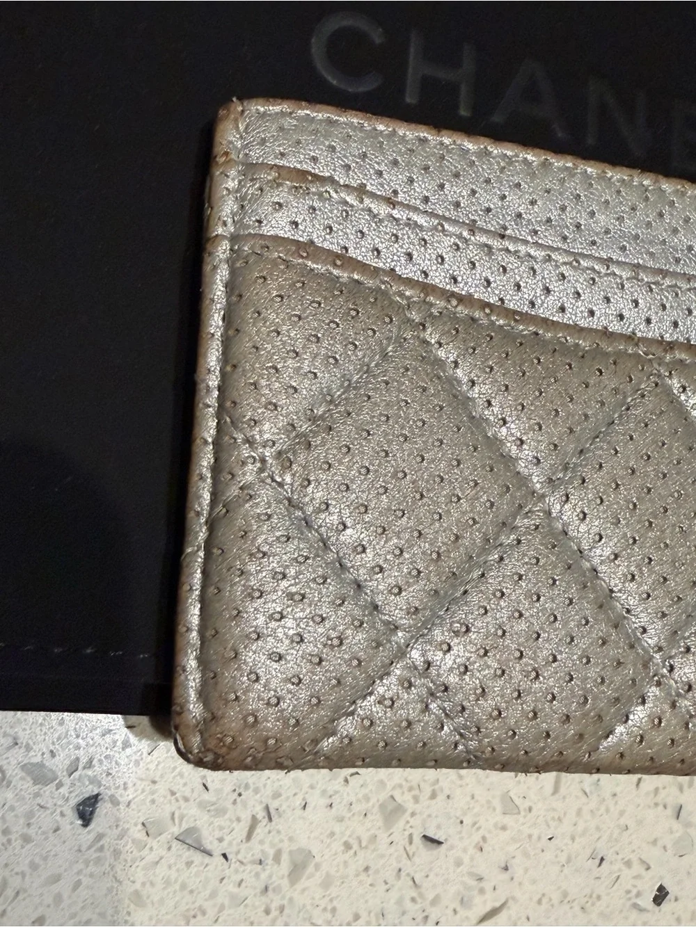 CHANEL Quilted Metallic Silver Card Case